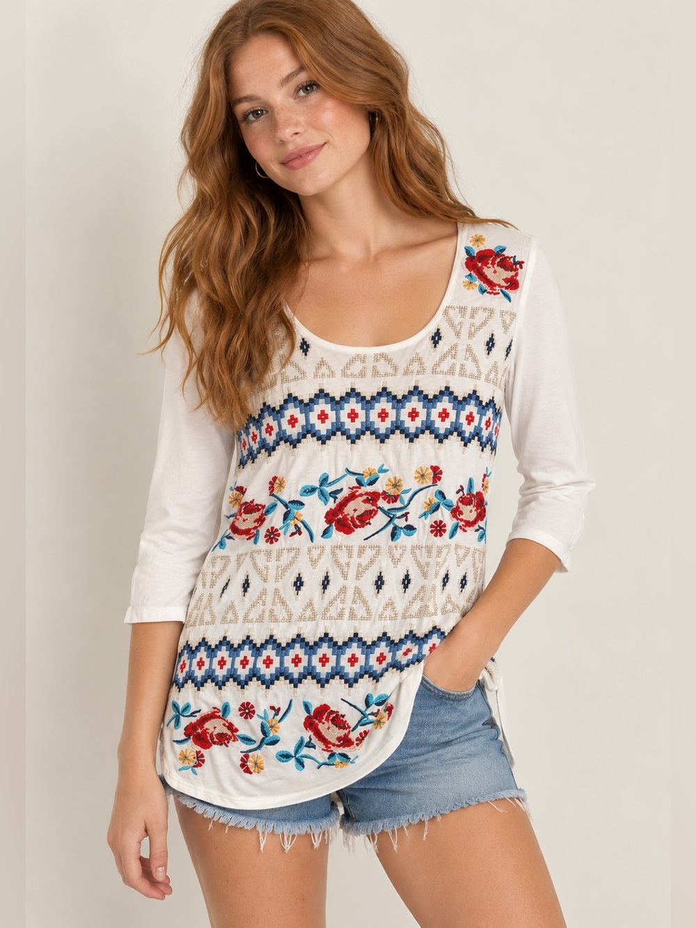 Johnny Was rose embroidered 3/4 sleeve top Small
